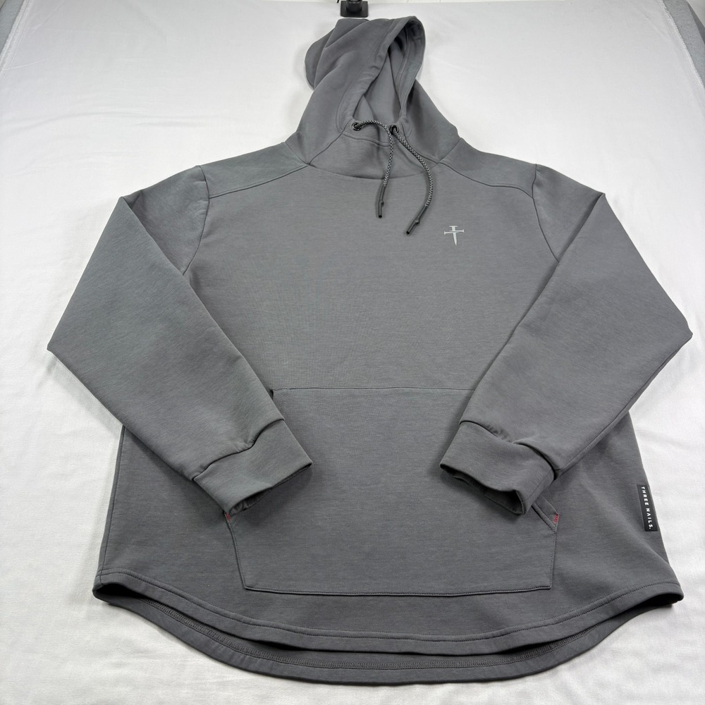 Three Nails Hoodie Mens XL Gray Pullover Sweatshirt Stretch Cross Logo